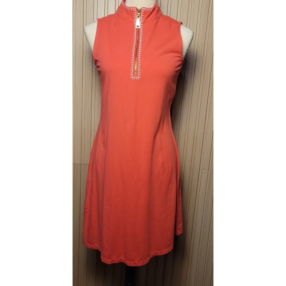 Spartina 449 Serena Sleeveless Half-Zip Dress Coral Pink Embroidered Trim Size S